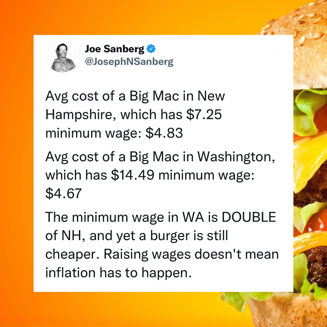 The meme is a humorous comparison of the cost of a Big Mac in two different states, using the prices as a way to poke fun at the idea that raising wages doesn't mean inflation has to happen. The text reads: "The average cost of a Big Mac in New Hampshire is $7.25 with a $4.83 minimum wage, and in Washington it's $14.49 with a $4.67 minimum wage." The meme is meant to be humorous and satirical, rather than a serious comparison of the two states' minimum wages.